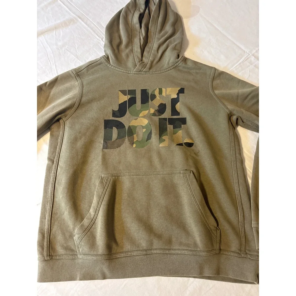 Nike Hoodie Kids M Olive Green Good Just Do It Camo Graphic Pullover